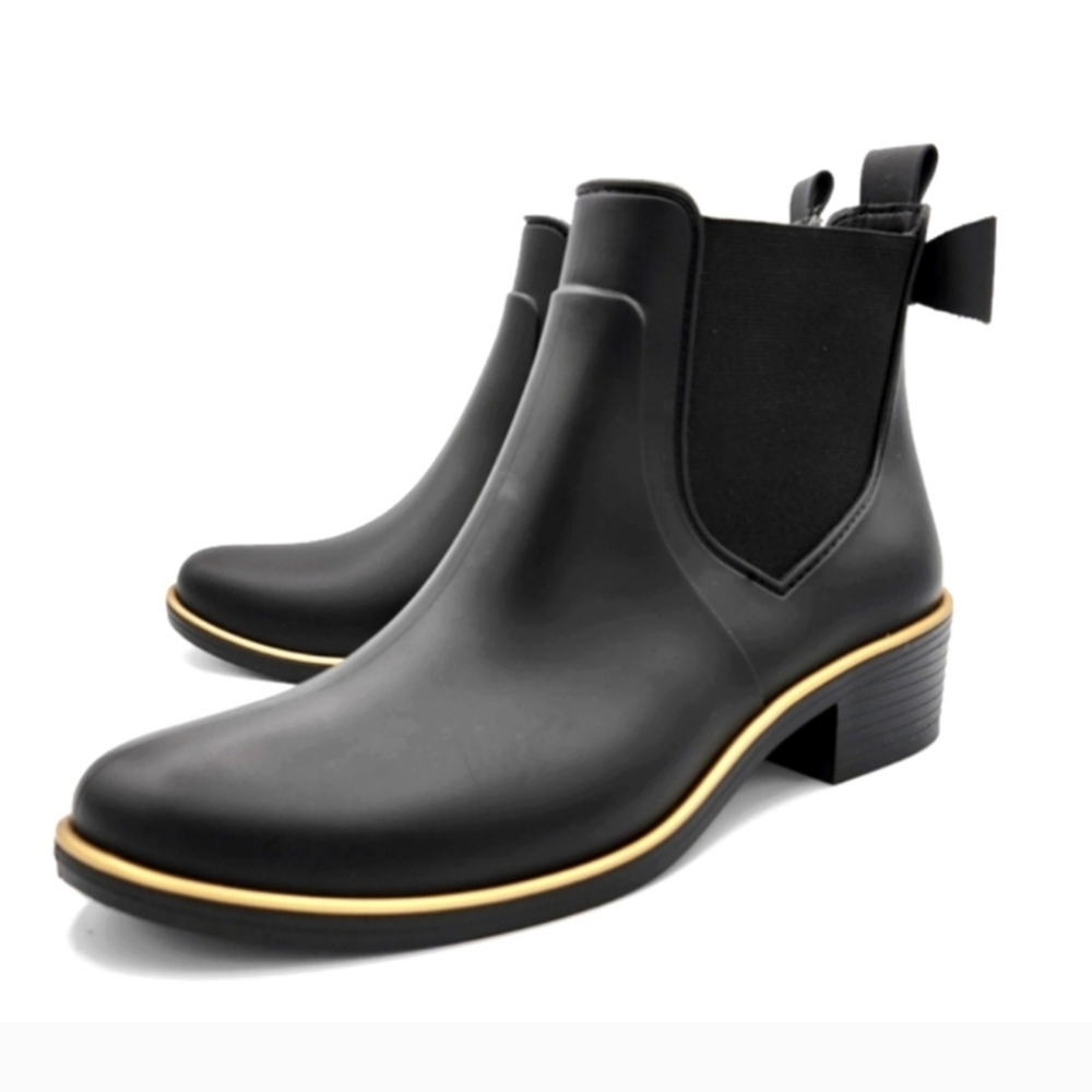 Kate Spade Edimburg Matte Black Low Gold Trim Bow Back Ankle High Rain Boots